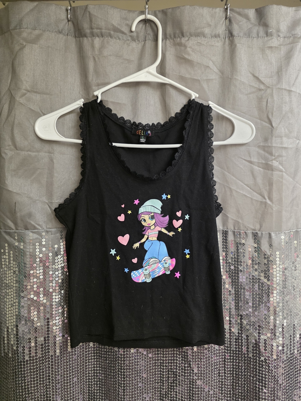 dELiA*s Black Crop Tank with Colorful Skate Girl Graphic